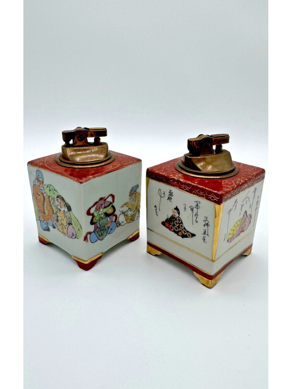Vintage Pair Japanese Porcelain Cube Table Lighters Hand Painted Japan - Nice